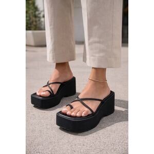 Black Platform Slide Sandals 5 Chunky Wedge Square Toe Minimalist Y2K Style Boho
